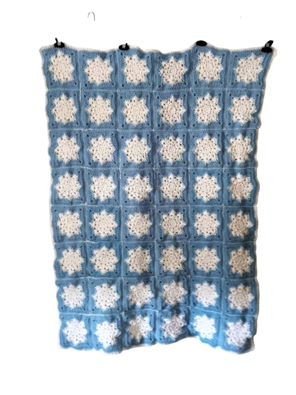 Handmade Granny Square Lapghan Snow Flake Blue and White Size 47